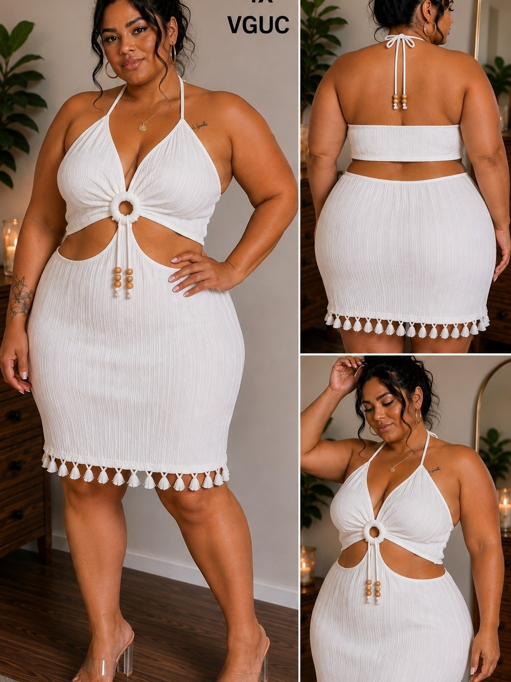 SHEIN White Tassel-Hem Cutout Halter Mini Skirt